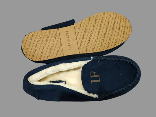 Lands' End Navy Blue Big Kids Suede Faux Fur Lined Moccasin Slippers - Size 7M