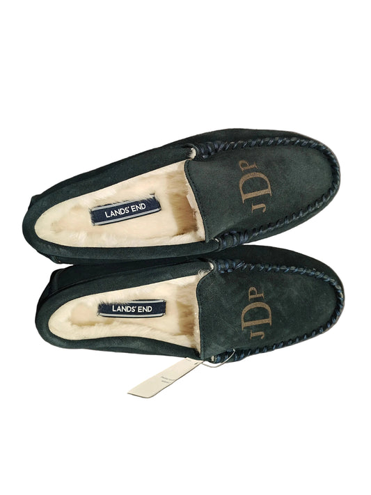 Lands' End Women's Suede Faux Fur Lined Moccasin Slippers Navy Blue- Size 6