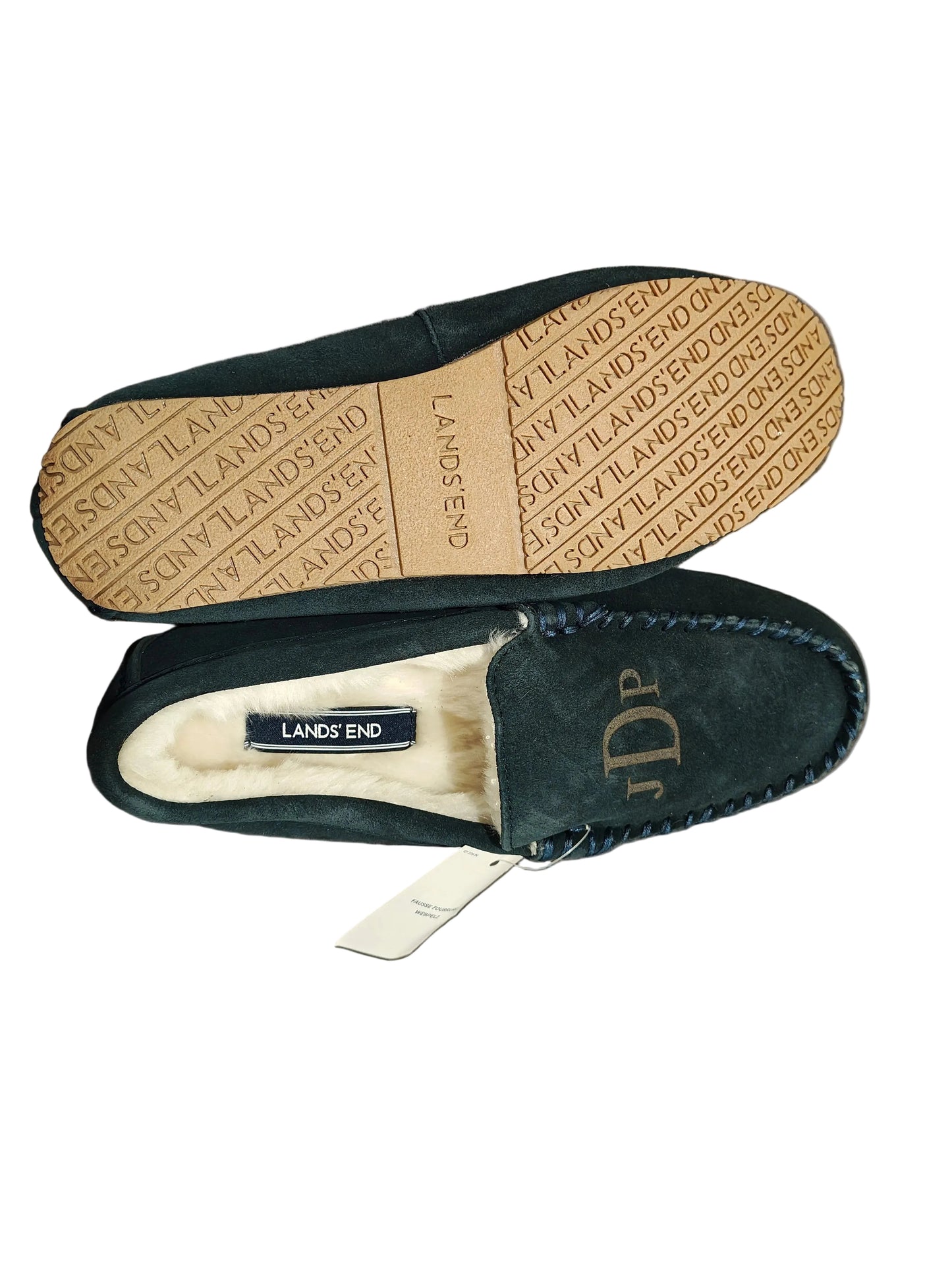 Lands' End Women's Suede Faux Fur Lined Moccasin Slippers Navy Blue- Size 6