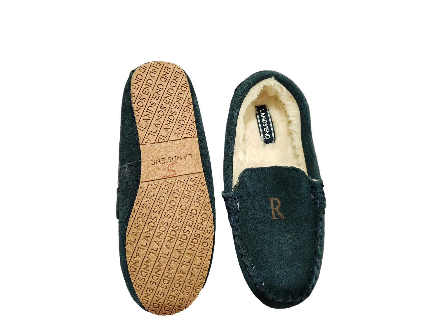 Lands' End Kids Fuzzy Lined Suede Moccasin Slippers Navy Blue Letter R - Size 2M