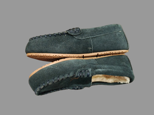 Lands' End Navy Blue Big Kids Suede Faux Fur Lined Moccasin Slippers - Size 2M