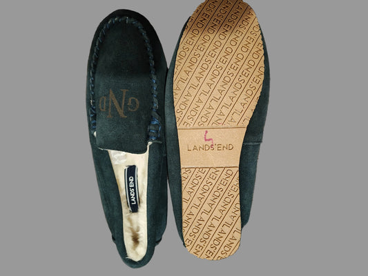 Lands' End Navy Blue Women's Suede Faux Fur Lined Moccasin Slippers - Size 7