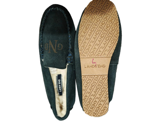Lands' End Women's Fuzzy Lined Suede Moccasin Slippers Navy Blue - Size 7