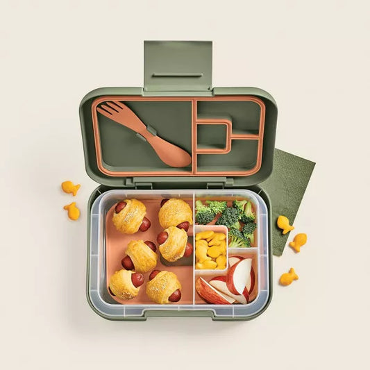 Cat & Jack Deluxe Bento Box 4 pcs Green Checked- Snap Closure