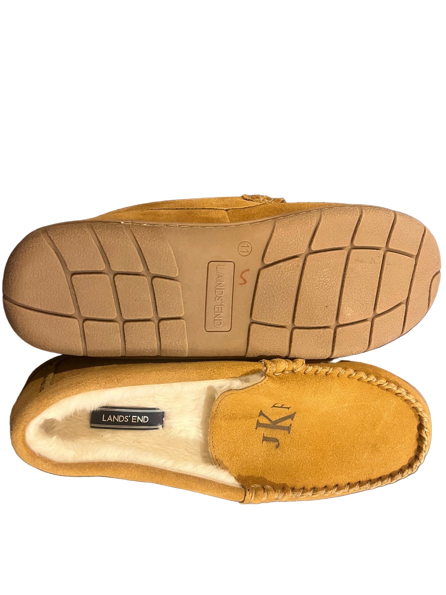 Lands' End Men's Fuzzy Lined Suede Moccasin Slippers Letter JKF - Size 11