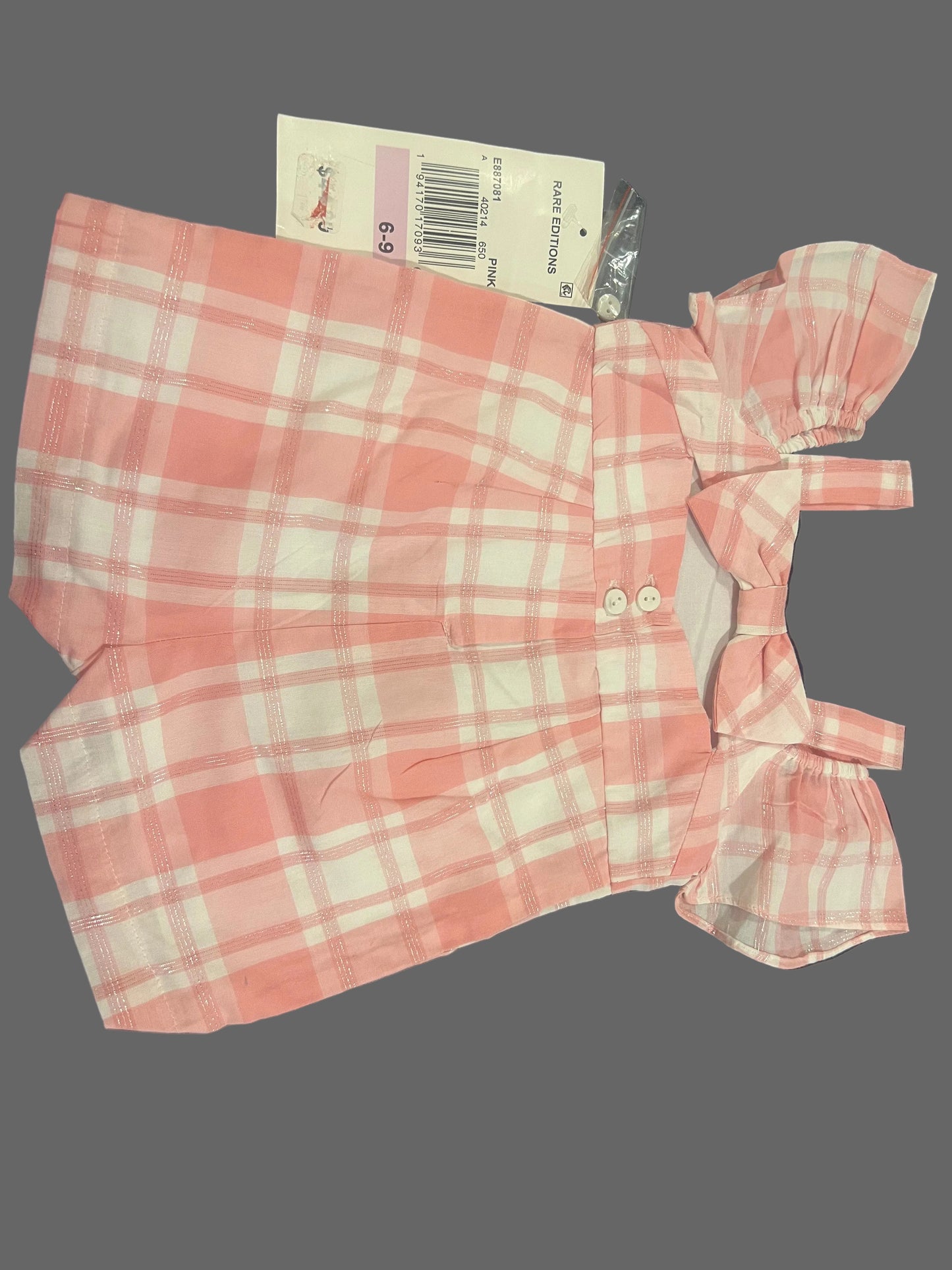 Rare Editions Pink and White Plaid off the Shoulder Baby Girls' Romper