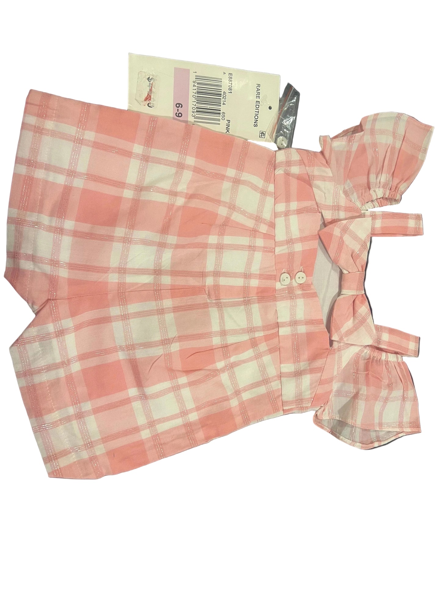 Rare Editions Pink and White Plaid off the Shoulder Baby Girls' Romper