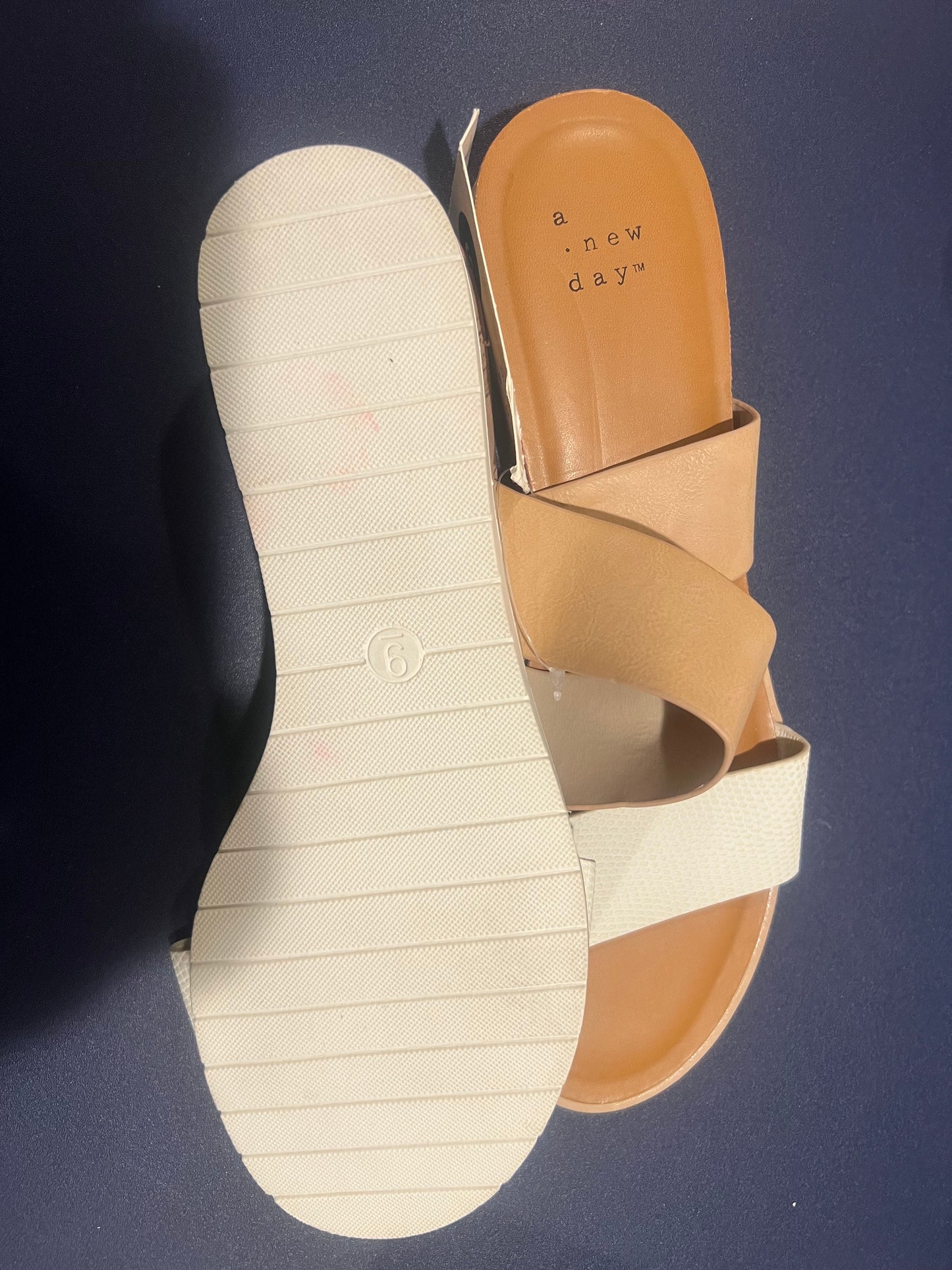 A New Day Women’s CoCo Two-Band Tan and White Slide Sandals - Size 9