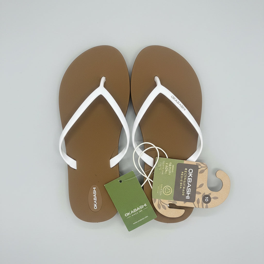 Okabashi Shoreline Slim Women's Flip Flops - Toffee & White | Size 10