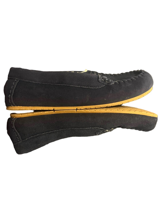 Lands' End Kids Fuzzy Lined Suede Moccasin Slippers Navy Blue Initial WB - Size 7M
