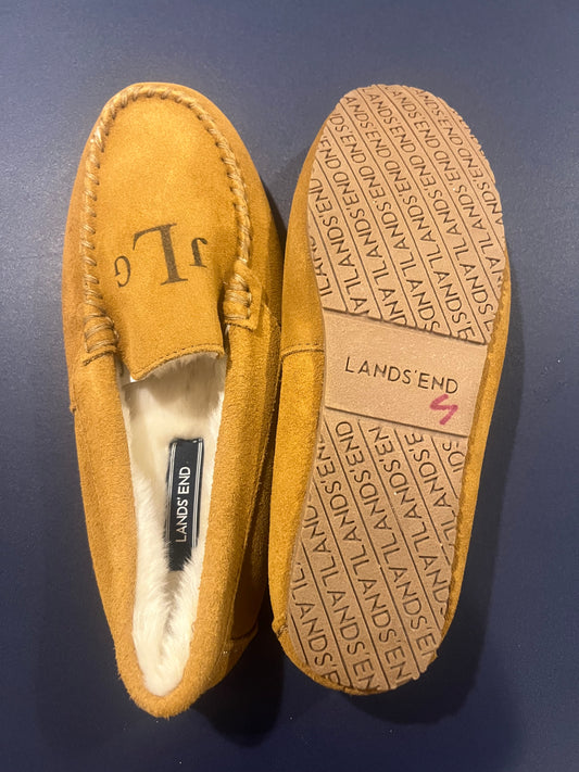Lands' End Women's Suede Moccasin Slippers English Tan Fur Interior - Size 7
