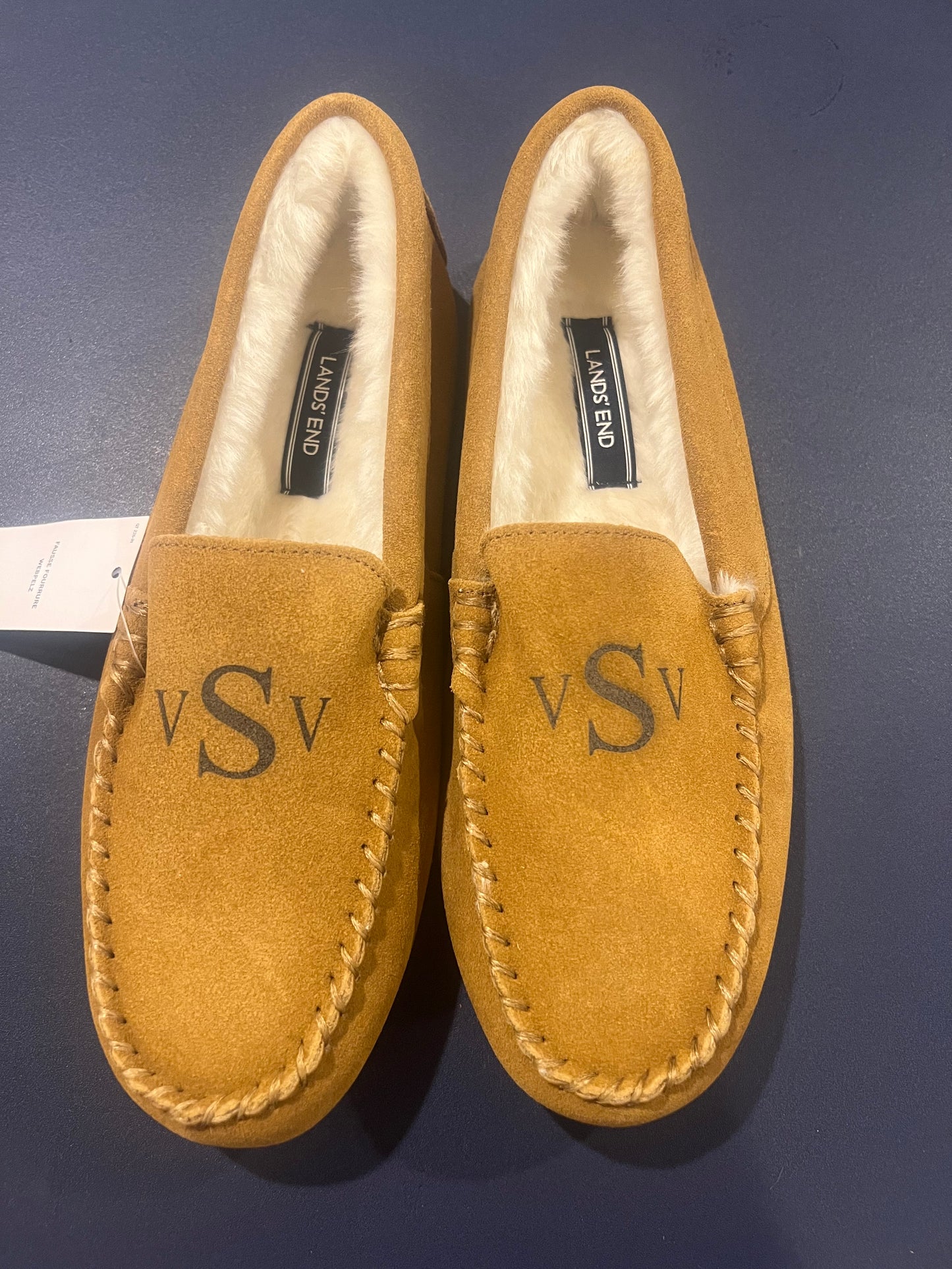 Lands' End Women's Suede Moccasin Slippers English Tan Fur Interior - Size 8