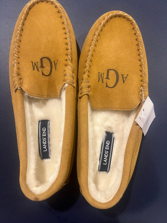 Lands' End Women's Suede Moccasin Slippers English Tan Fur Interior - Size 7