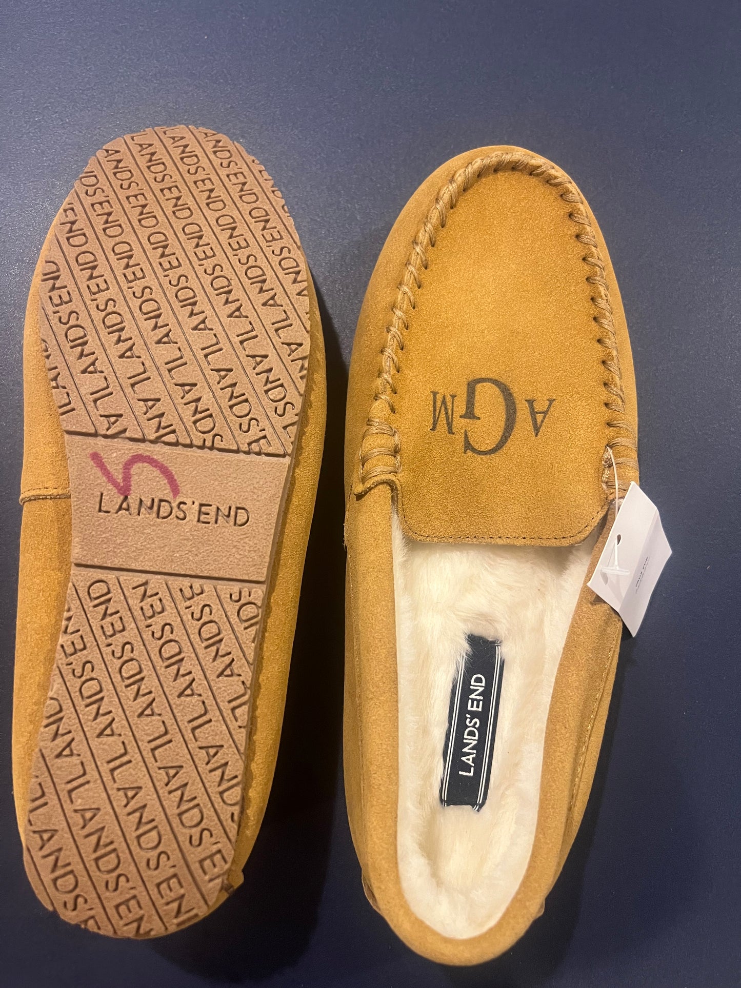 Lands' End Women's Suede Moccasin Slippers English Tan Fur Interior - Size 7