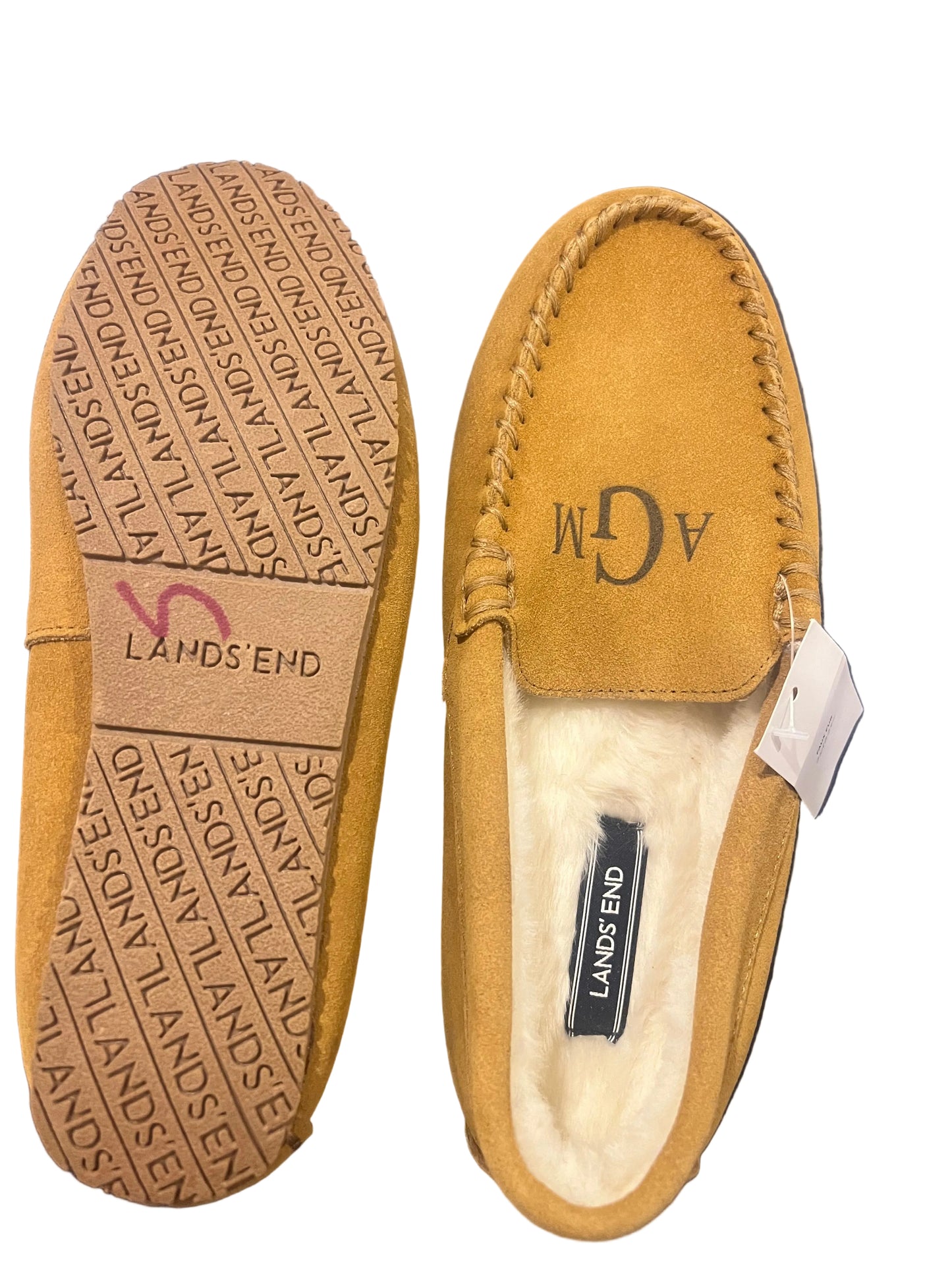 Lands' End Women's Fuzzy Lined Suede Moccasin Slippers English Tan - Size 7