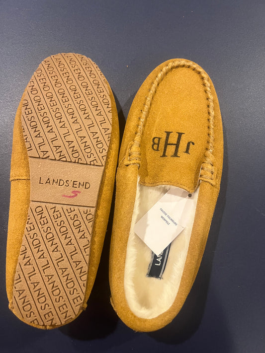 Lands' End Women's Suede Moccasin Slippers English Tan Fur Interior