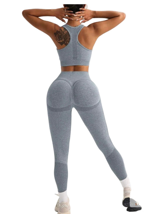 2pcs Women Yoga Gym Casual Solid Wide Strap Top and Skinny Pants Suits Workout Sets- L