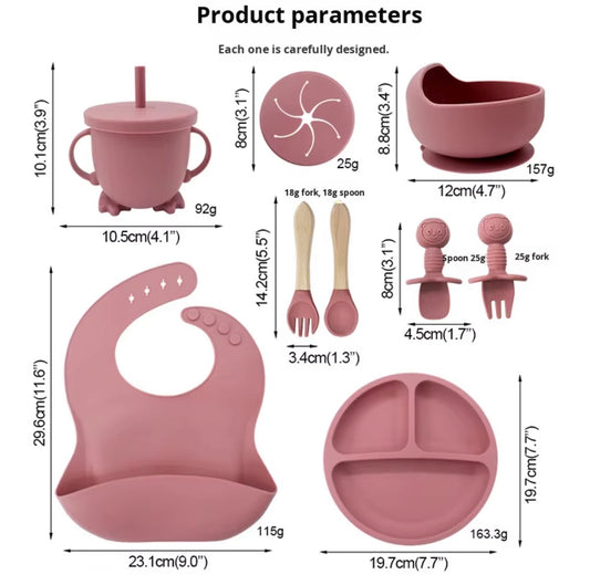 100% Silicone Baby Feeding Set, BPA Free Baby Dishes 9 PCS Set - CHOOSE COLOR