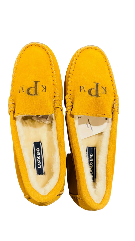 Lands End Women's Fuzzy Lined Suede Moccasin Slippers English Tan - Size 9