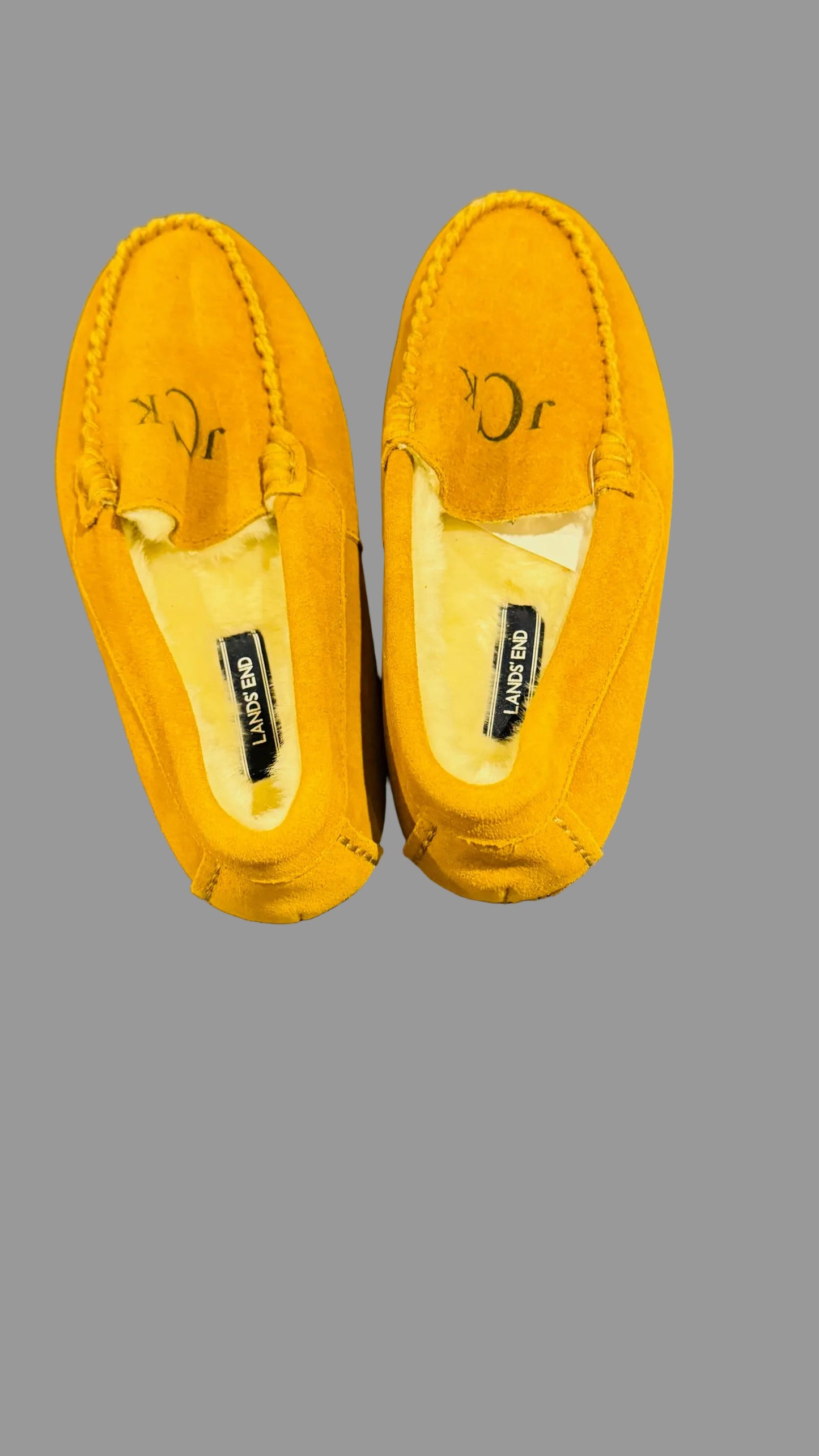 Lands' End Women's Suede Leather Moccasin Slippers English Tan Fur Interior - Size 8