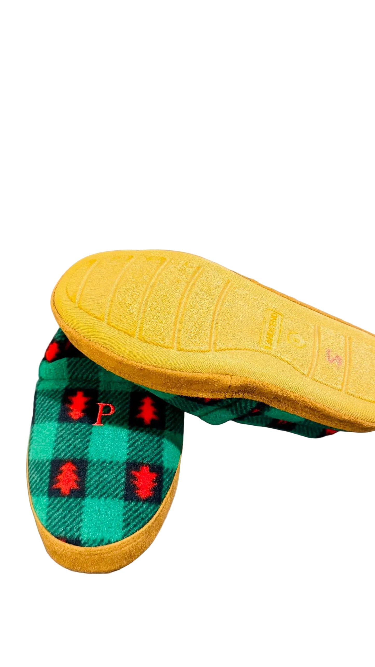 Lands' End Kids' Fleece Scuff Slipper Tree Check with letter P - Size 6