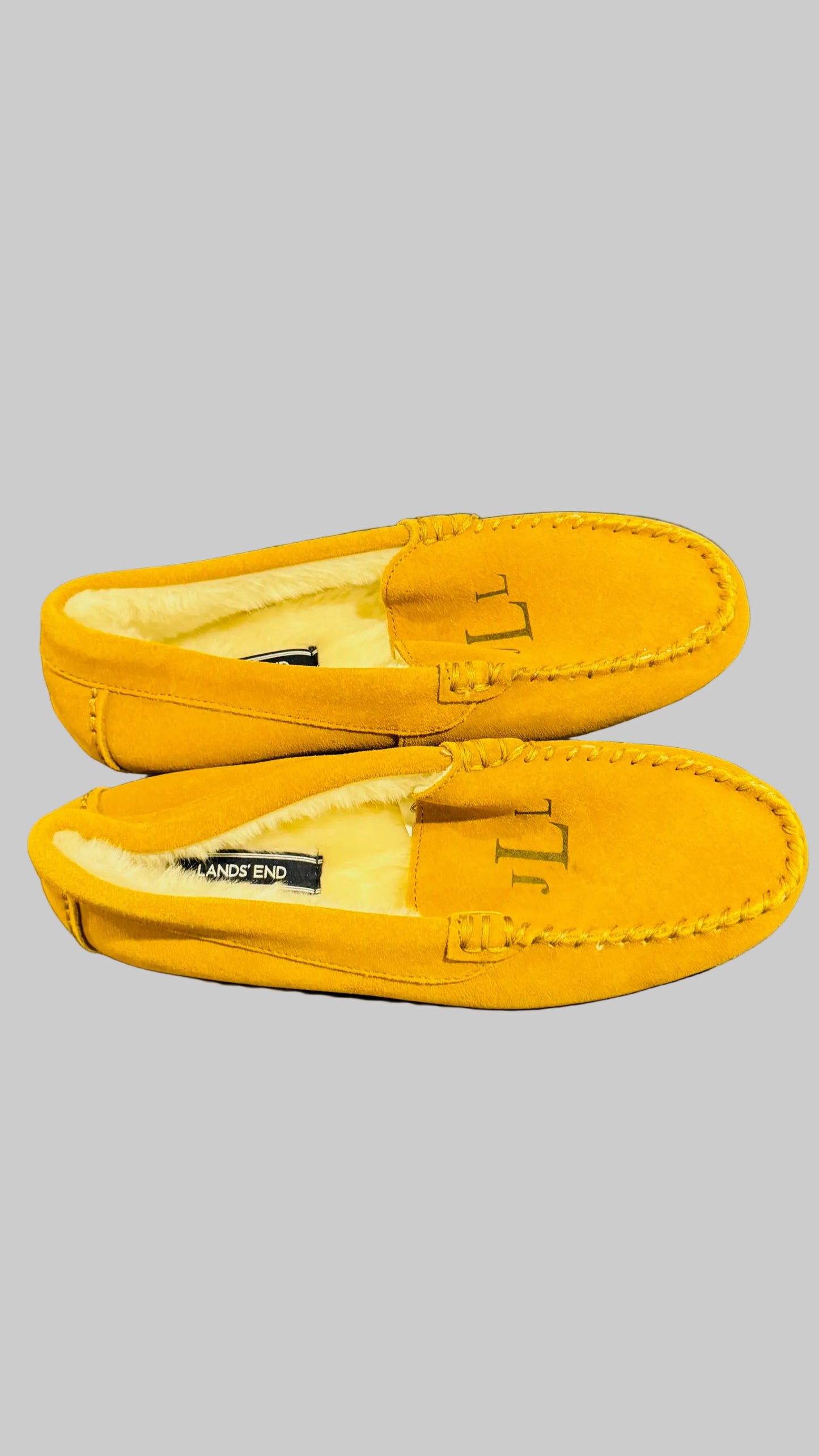 Lands' End Women's Suede Leather Moccasin Slippers English Tan Fur Interior - Size 8