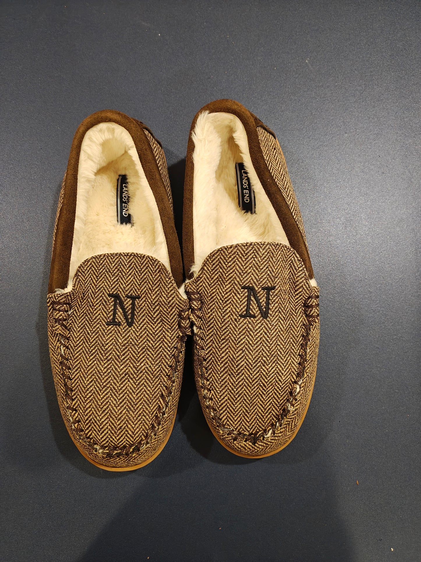 Lands' End Men's Fuzzy Lined Suede Moccasin Slippers - Size 10