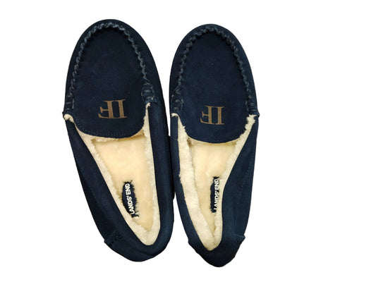 Lands' End Kids Fuzzy Lined Suede Moccasin Slippers Navy Blue  Initial IF- Size 7M