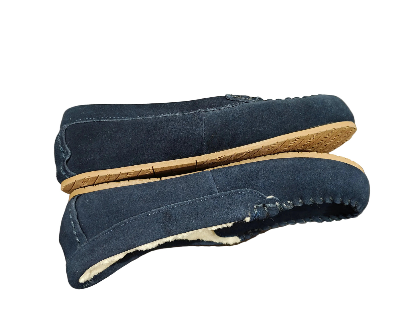 Lands' End Kids Fuzzy Lined Suede Moccasin Slippers Navy Blue  Initial IF- Size 7M