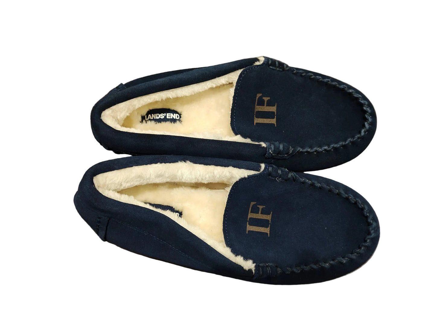 Lands' End Kids Fuzzy Lined Suede Moccasin Slippers Navy Blue  Initial IF- Size 7M