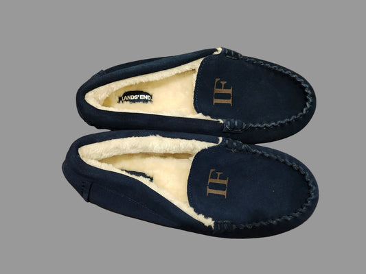 Lands' End Navy Blue Big Kids Suede Faux Fur Lined Moccasin Slippers - Size 7M