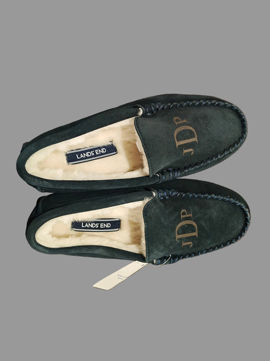Lands' End Navy Blue Women's Suede Faux Fur Lined Moccasin Slippers - Size 6
