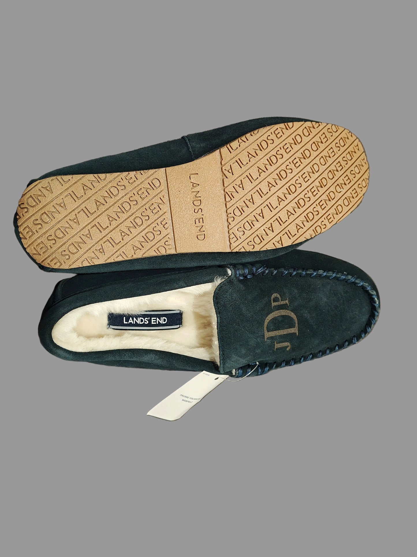 Lands' End Navy Blue Women's Suede Faux Fur Lined Moccasin Slippers - Size 6
