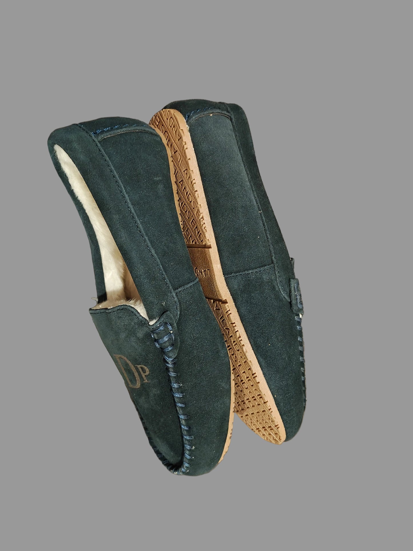 Lands' End Navy Blue Women's Suede Faux Fur Lined Moccasin Slippers - Size 6