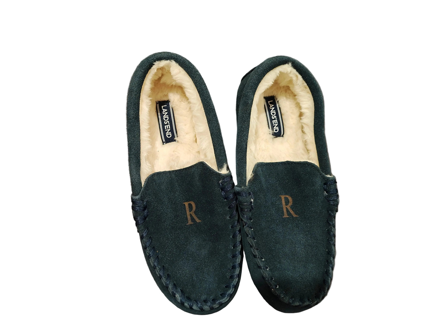 Lands' End Kids Fuzzy Lined Suede Moccasin Slippers Navy Blue  Letter R - Size 2M