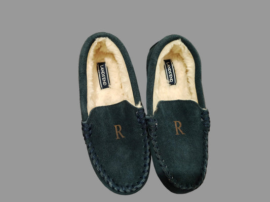 Lands' End Navy Blue Big Kids Suede Faux Fur Lined Moccasin Slippers - Size 2M
