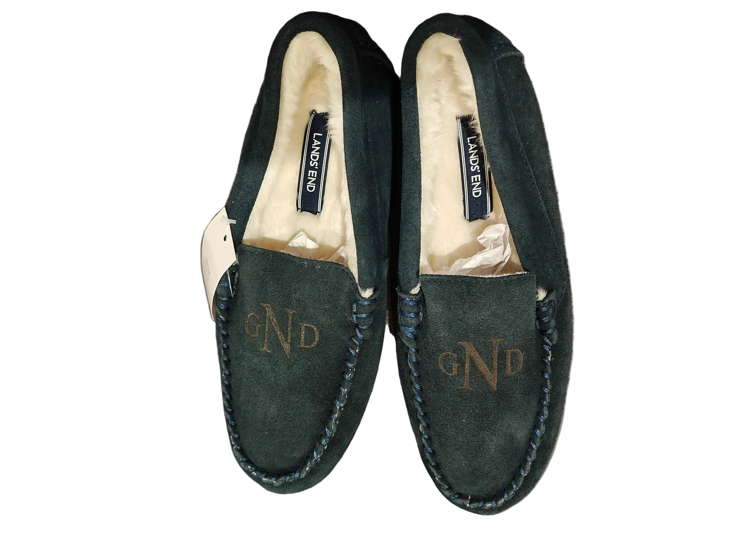 Lands' End Women's Fuzzy Lined Suede Moccasin Slippers Navy Blue - Size 7