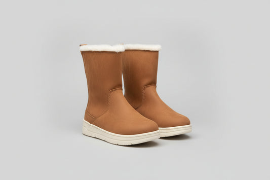 Girl's Olive Shearling Zip-Up Boots Cognac -2