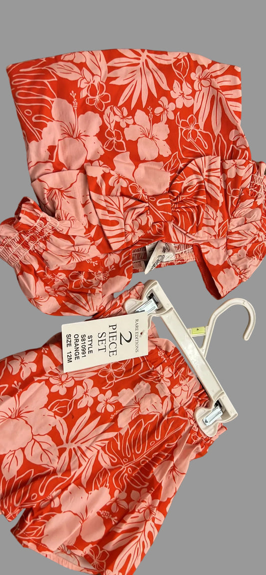 Rare Editions Baby Girl's Floral Pattern 2 Piece Set Top and matching Shorts Outfit - 12 months