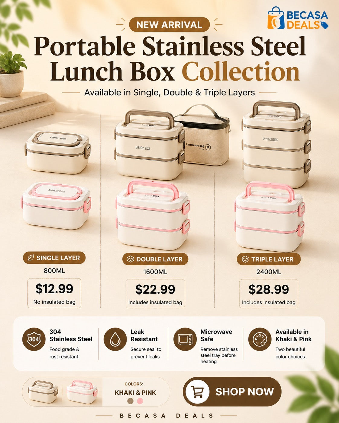 304 Stainless Steel Bento Lunch box for Adults  With Insulated bag- CHOOSE SIZE