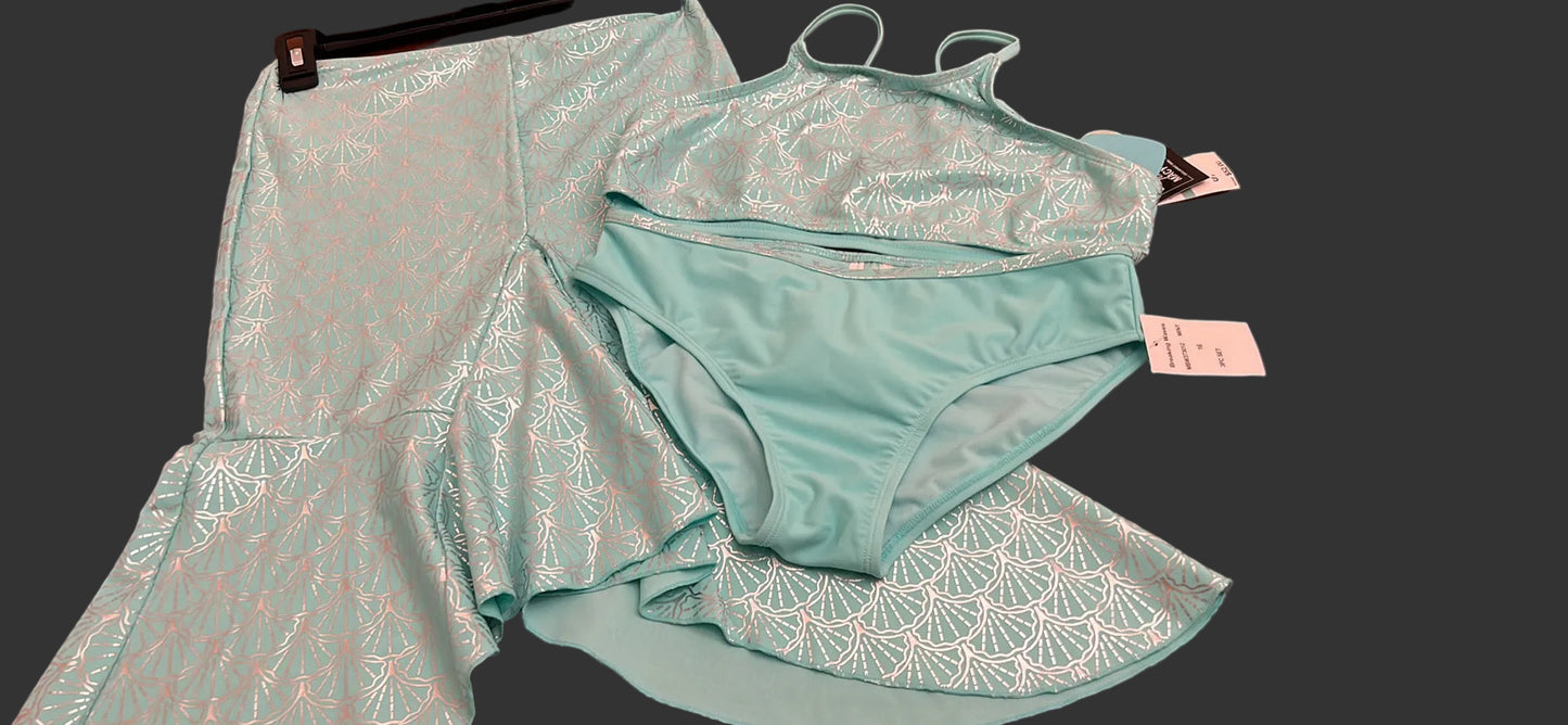 Breaking Waves Big Girls 3-Pc. Mermaid Tails Bikini & Skirt - Mint Size 16