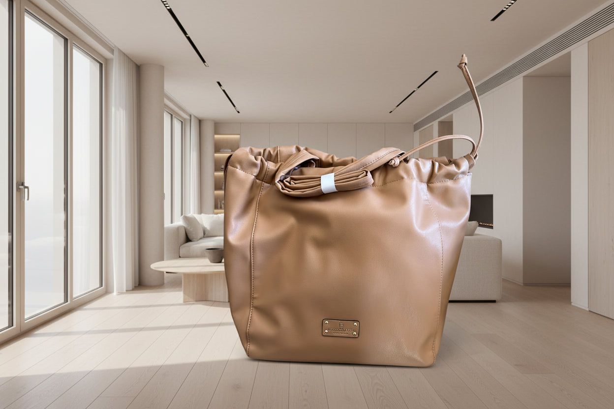 London Fog Irina Drawstring Satchel Handbag - Black, Blush and Off-White
