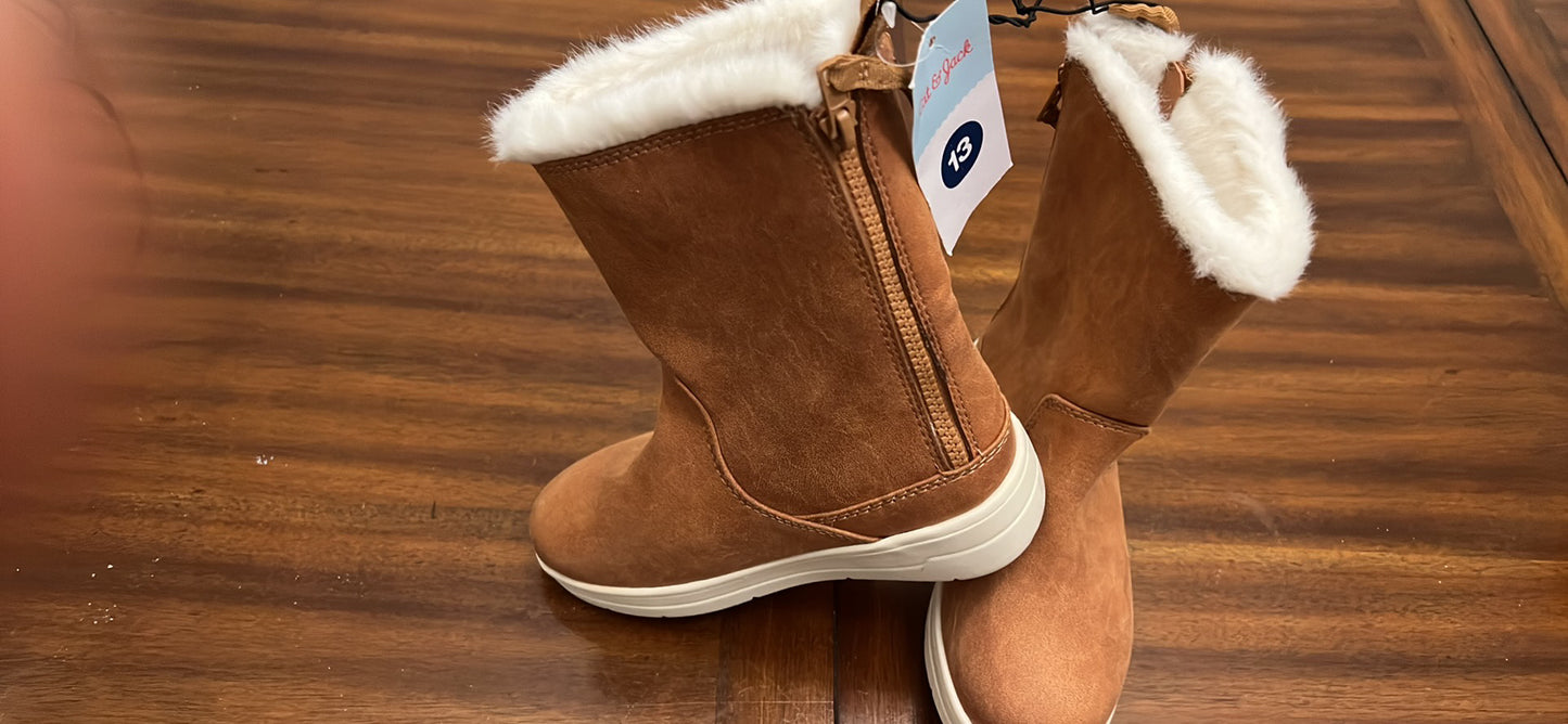 Girl's Olive Shearling Zip-Up Boots Cognac -2