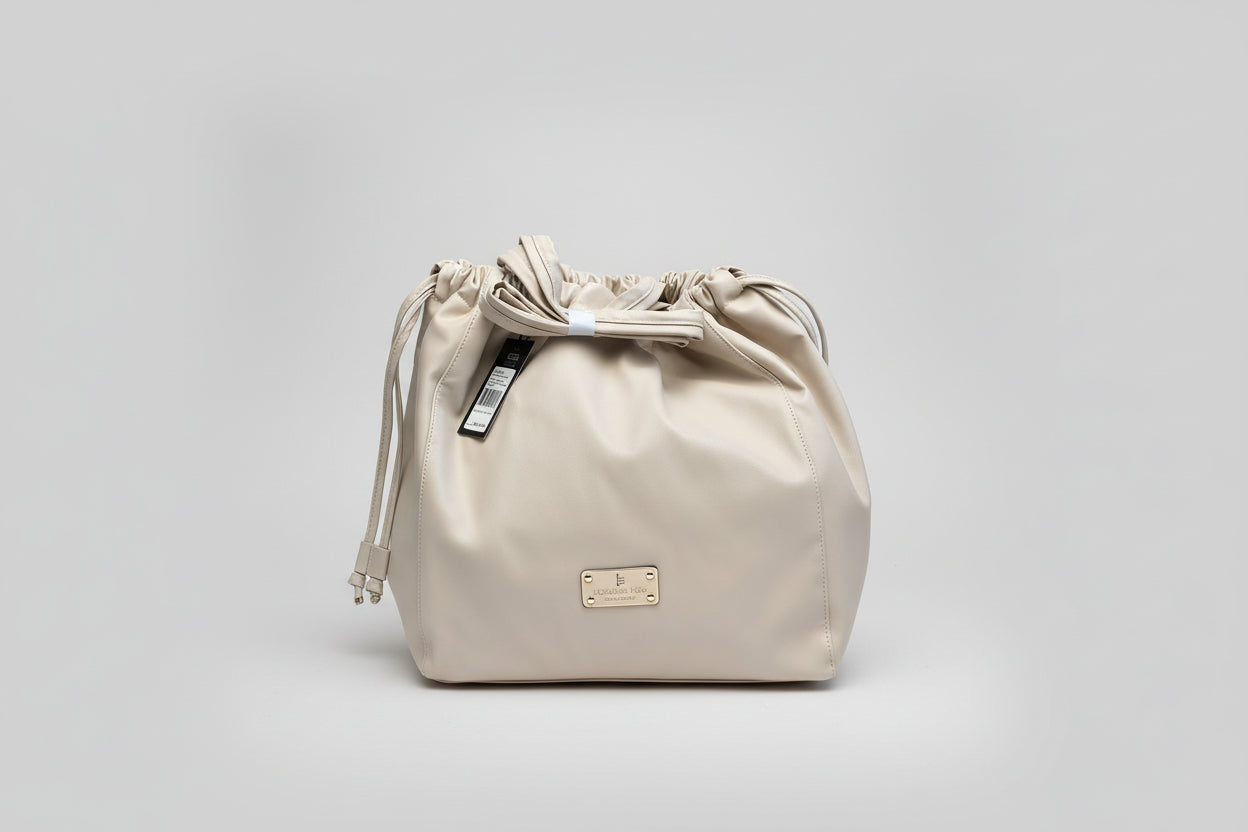 London Fog Irina Drawstring Satchel Handbag - Black, Blush and Off-White
