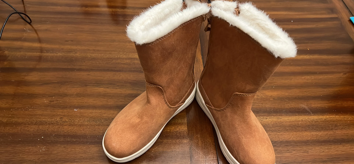 Girl's Olive Shearling Zip-Up Boots Cognac -2