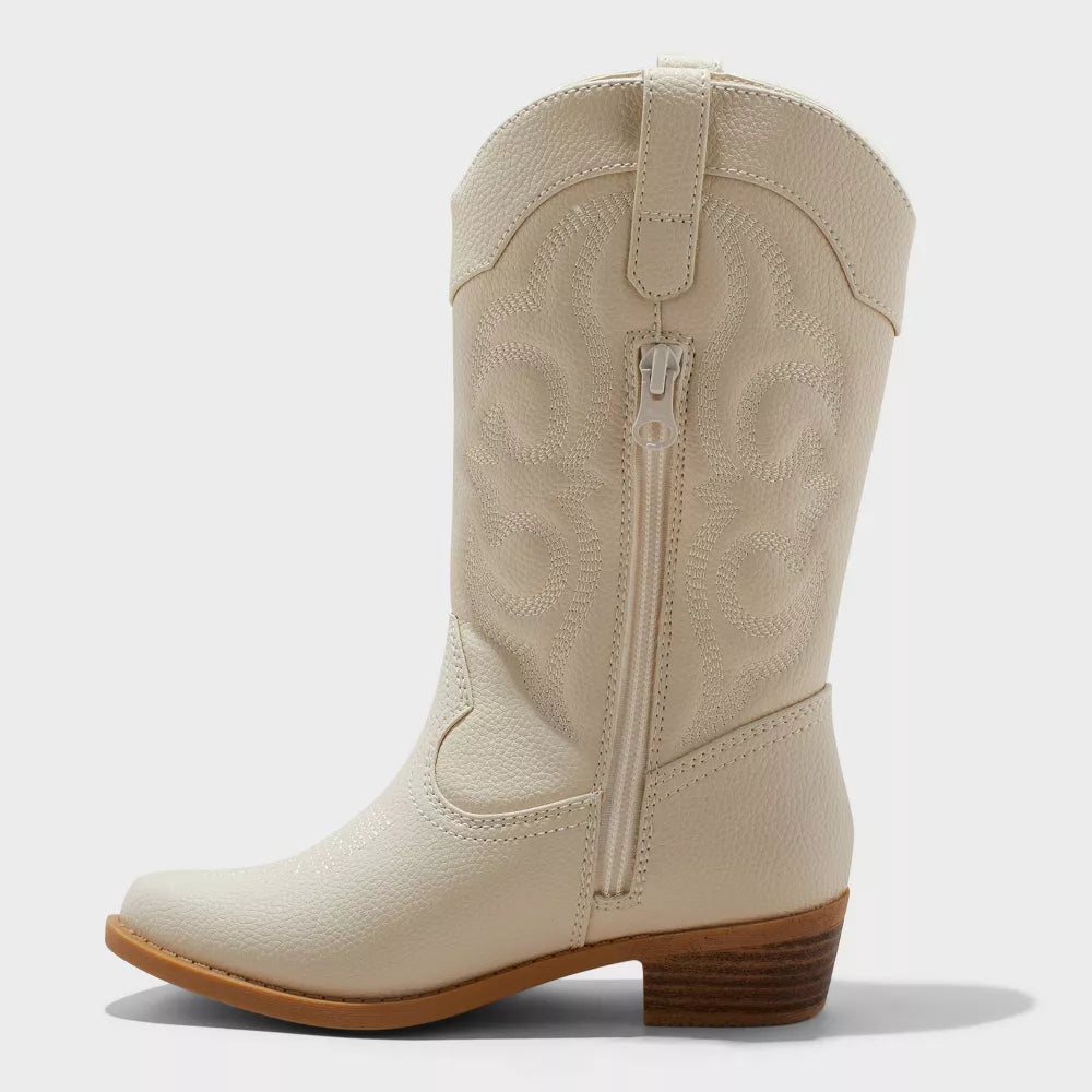 Kids' Montana Western Boots Ivory - Cat & Jack Mid Calf, Zipper Closure - CHOOSE SIZE