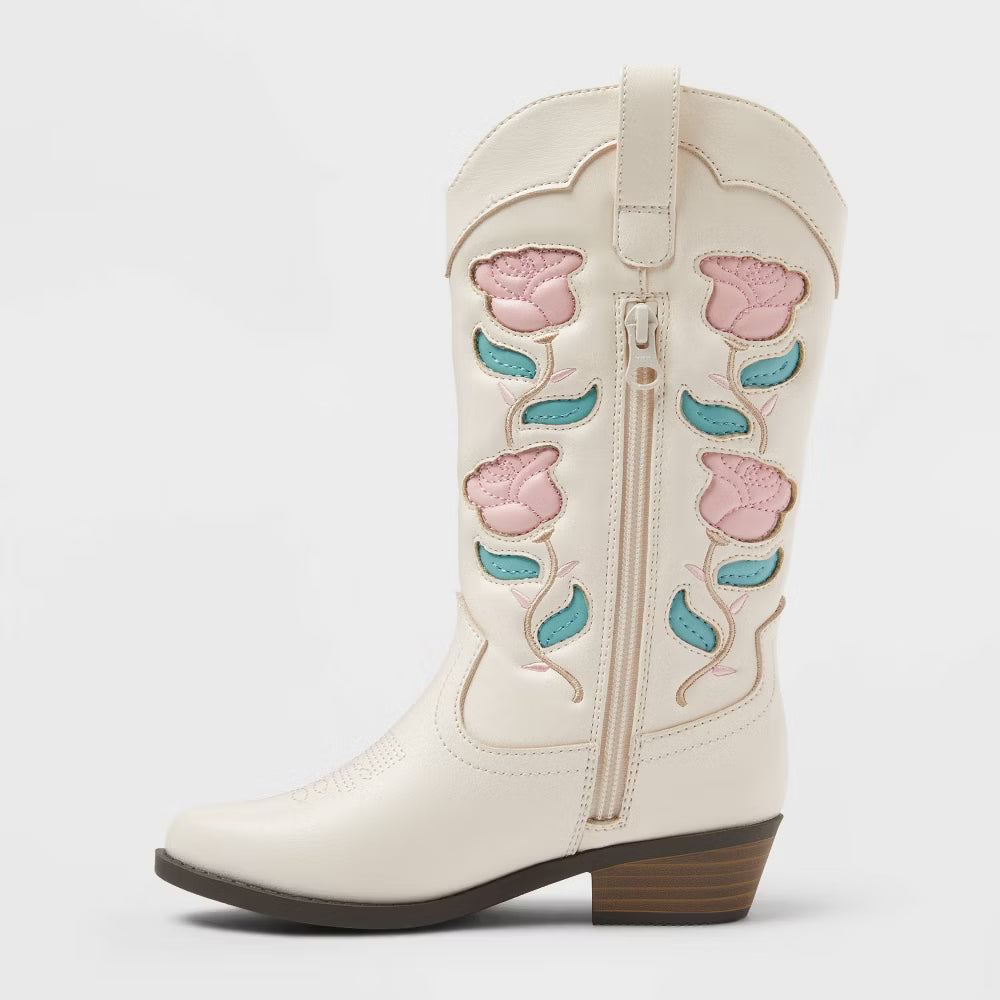 Kids' Emberly Embroidered Western Boots art class Ivory - CHOOSE SIZE