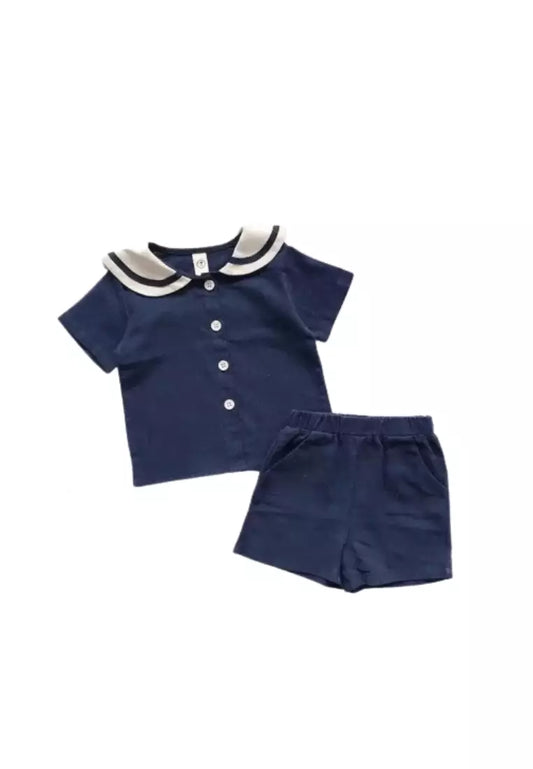 Girls Sailor Collar Button Front Top and Elastic Waist Shorts - CHOOSE SIZE