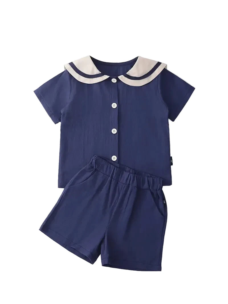 Girls Sailor Collar Button Front Top and Elastic Waist Shorts - CHOOSE SIZE