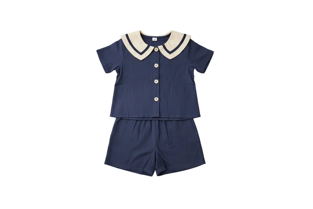 Girls Sailor Collar Button Front Top and Elastic Waist Shorts - CHOOSE SIZE